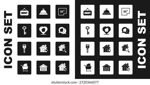 Set House plan, with heart shape, key, Hanging sign Rent, Real estate message house, Hotel service bell, Search and  icon. Vector