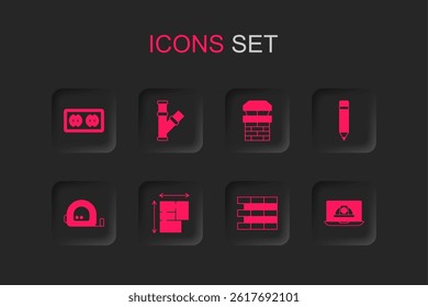 Set House plan, Industry metallic pipe, Electrical outlet, Bricks, Pencil with eraser, Worker safety helmet, Chimney and Roulette construction icon. Vector
