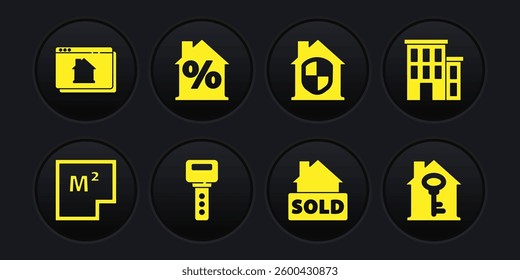 Set House plan, key, Hanging sign with text Sold, under protection, percant discount,  and Online real estate house icon. Vector