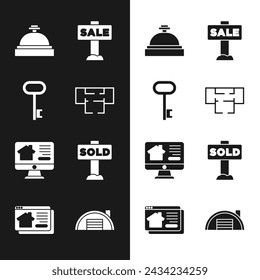 Set House plan, key, Hotel service bell, Hanging sign with Sale, Online real estate house, text Sold, Warehouse and  icon. Vector