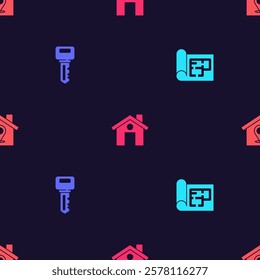 Set House plan, key,  and Location with house on seamless pattern. Vector