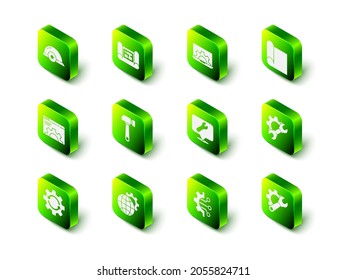 Set House plan, Laptop and gear, Papel de gráficos para ingeniería, Espectro de llave, Ubicación con llave, Algoritmo y Globe del icono de la Tierra. Vector