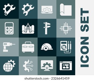 Set House plan, Multimeter, Processor with microcircuits CPU, Laptop and gear, Graphing paper compass, Calculator, Wrench spanner and Calliper caliper scale icon. Vector