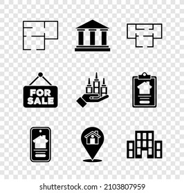 Set House plan, Museum building, Online real estate house, Location with, Hanging sign For Sale and Skyscraper icon. Vector