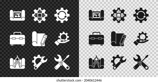 Set House plan, Processor, Gear and arrows as workflow, Graphing paper compass, Wrench spanner gear, Screwdriver wrench, Toolbox and pencil icon. Vector