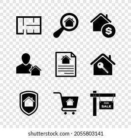 Set House plan, Search house, with dollar, under protection, Shopping cart, Hanging sign For Sale, Realtor and contract icon. Vector