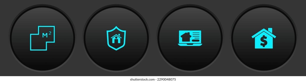 Set House plan, con escudo, Casa inmobiliaria en línea e icono del símbolo del dólar. Vector
