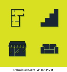 Set House plan, Sofa, Market store and Staircase icon. Vector