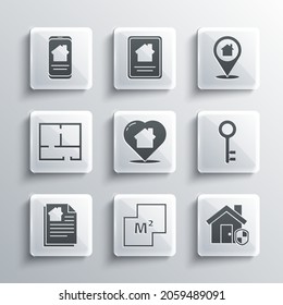 Set House plan, under protection, key, with heart shape, contract, Online real estate house and Location icon. Vector