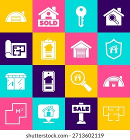 Plan de la casa, almacén, con el escudo, la llave, el contrato, y el icono del garaje. Vector