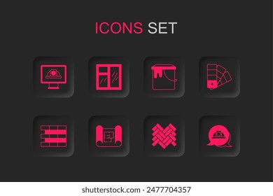 Set House plan, Window in room, Worker safety helmet, Parquet, Color palette guide, Paint bucket and Bricks icon. Vector