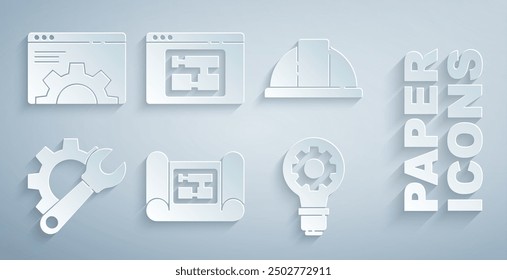 Set House plan, Worker safety helmet, Wrench spanner and gear, Light bulb,  and Browser setting icon. Vector