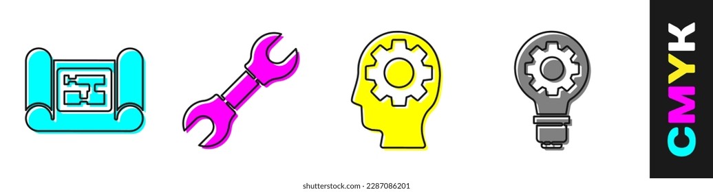 Set House plan, Wrench spanner, Human head with gear inside and Light bulb and gear icon. Vector