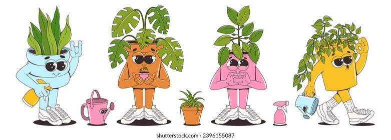 A set of house plant characters in trendy retro groovy cartoon style. Cool potted flowers in sneakers. 60s 70s vibes. Trendy vector illustration