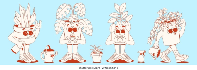 A set of house plant characters in trendy retro groovy cartoon style. Cool potted flowers in sneakers. 60s 70s vibes. Monochrome palette.