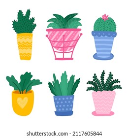 Set with house plant, flowers in pot, foliage plants in cartoon style, in bright colors. Hand drawn vector. Different types of flowers in cute pots. Template for web, card, poster, sticker, banner.
