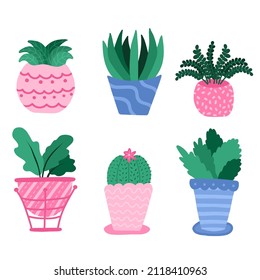 Set with house plant, flowers in pot, foliage plants in cartoon style, in bright colors. Hand drawn vector. Different types of flowers in cute pots. Template for web, card, poster, sticker, banner.