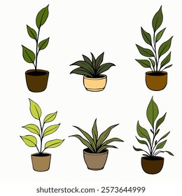 Set of house plants in ceramic pots Collection of indoor plants.  illustration isolated on white background.doodle style drawing.