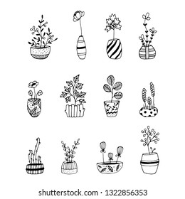 Set of house plants. Doodle rt. Vector illustration