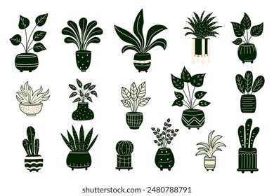 Set of house plants in doodle style. Indoor plants in different pots. Home jungle. Great for banners, posters, stickers, professional designs.