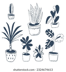 A set of house plants. Drawing with one continuous line. Vector illustration