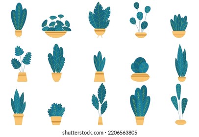 Set house plants and flowers in ceramic pots. Flat style home plants and leaves on white background. Hygge style. Trendy vector botanical elements.