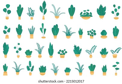 Ponga plantas y flores en macetas de cerámica. Plantas planas y hojas sobre fondo blanco. Estilo hipogloso. Elementos botánicos vectoriales de moda.