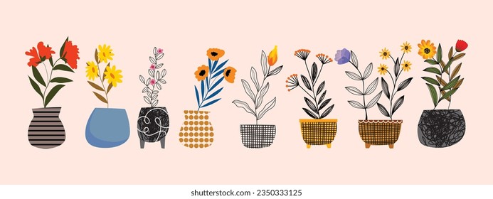 Set of house plants and flowers in pots, vases vector illustration. Home garden concept in flat design.