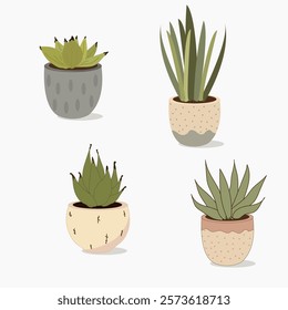 A set of house plants in handmade ceramic pots. Collection of indoor plants. Decorative natural elements for home decor. Vector illustration isolated on white background.