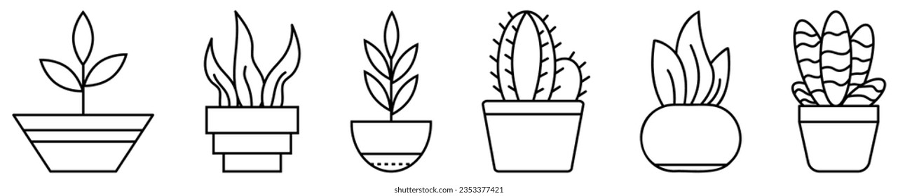 Set of house plants icons. Cactus and leaves in the pots for home decor. Vector illustration isolated on white background.
