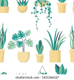 Set of house plants, isolated white background. Seamless pattern. Flat vector illustration