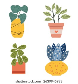 Set of house plants in pots. Cute home flowers in pots. Retro plants.