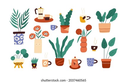 Set of house plants in pots and flowers in vases. Indoor houseplants with leaf growing in flowerpots and planters. Home interior foliage decor. Flat vector illustration isolated on white background