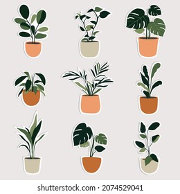 Set of house plants in the pots. Trendy home decor with plants. Vector illustration. Stickers.
