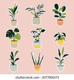 Set of house plants in the pots. Trendy home decor with plants. Vector illustration. Stickers.