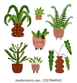 set house plants vector cute flower pot kitty