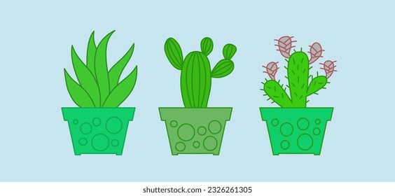 conjunto de diseño vectorial de cactus de cactus de la casa con diseño plano sencillo y color verde para el diseño de apariencia fresca y sencillo, perfecto para añadir a sus diversas necesidades de diseño. 