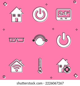Set House, botón de encendido, Thermostat, Gafas inteligentes, hogar con wi-fi e icono de humedad. Vector