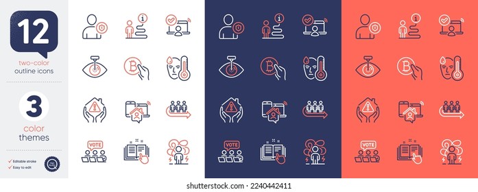 Set of House protection, Support and Bitcoin pay line icons. Include Eye laser, Fever, Online voting icons. Online access, Work home, Difficult stress web elements. Bicolor outline icon. Vector