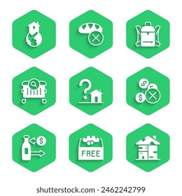 Set House with question mark, Donation food, Homeless cardboard house, No money, Reception of glass bottles, Searching for, Hiking backpack and Shelter homeless icon. Vector