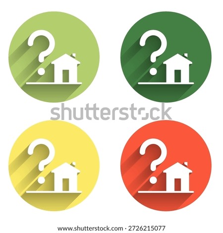 Set House with question mark icon isolated with long shadow background. Housing problems, questions. Color circle button. Vector