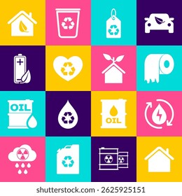 Set House, Recycle clean aqua, Toilet paper roll, Tag with recycle, Eco friendly heart, nature leaf and battery, house and  icon. Vector