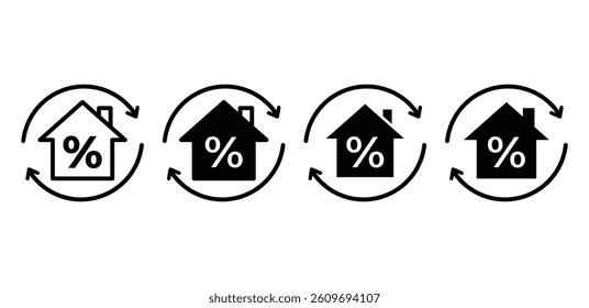 Set of House Refinancing Icons with Circular Arrows and Percentage Symbols Black and White Color Vector Design