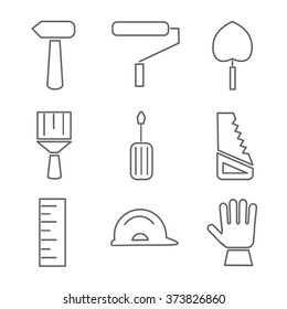 Set of house renovation icons. Tools, equipment and furniture. Line style vector illustration isolated on a white background.