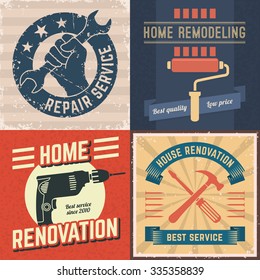 Set of house renovation labels and home remodeling logos. Vintage house repair posters in retro grunge style. A hand holding wrench, paint roller, electric drill and crossing tools.