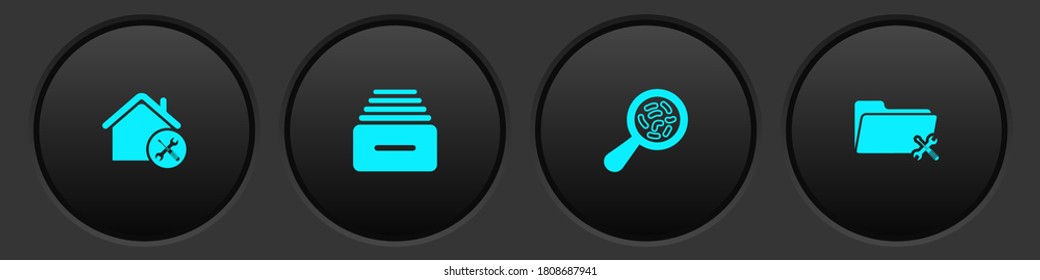 Establecer el servicio House, Drawer con documentos, Microorganismos bajo el lupa e icono Carpeta. Vector.