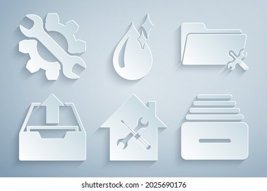 Set House service, Folder, Upload inbox, Drawer with documents, Clean water drop and Wrench and gear icon. Vector