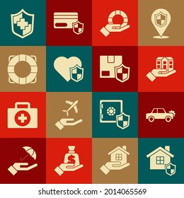 Ponga la casa con el escudo, el coche, en la mano, la farmacia, el seguro y el icono de seguridad de entrega. Vector