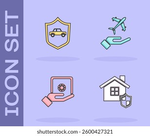 Set House with shield, Car, Safe in hand and Plane icon. Vector