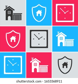 Set House, House with shield and Clock icon. Vector